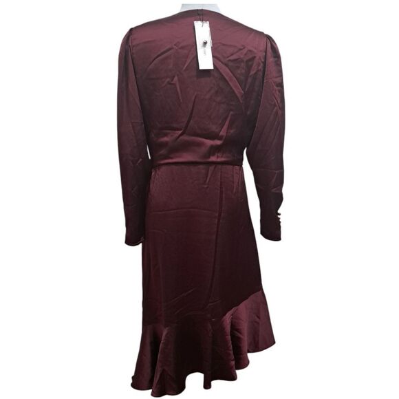 Calvin Klien Satin Puff Sleeve High Low Ruffled Hem Holiday Burgundy S 12 NWT - Picture 5 of 17